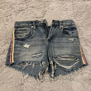BLANKNYC Red and Yellow Stripe Detail High Rise Denim Shorts with Rips - Size 25